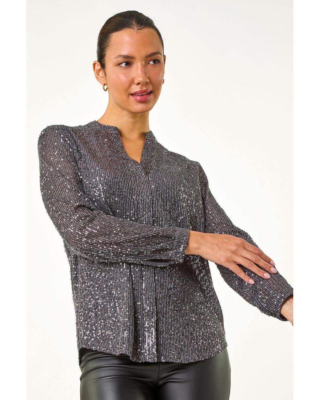 Roman Gray Embellished Sequin Stretch Blouse