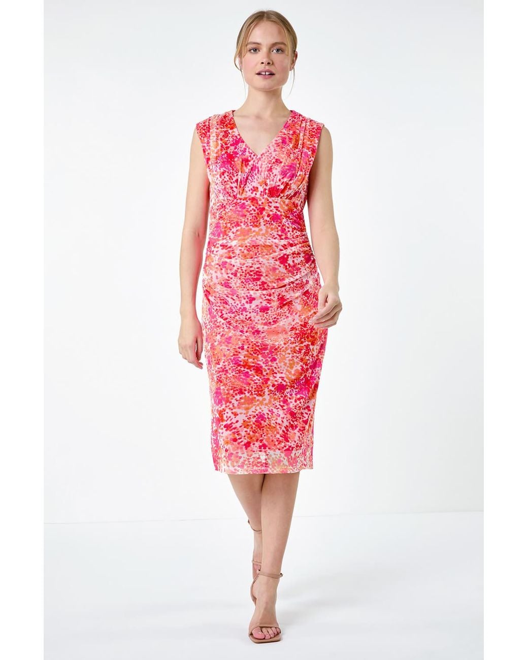 Roman Red Abstract Spot Ruched Mesh Stretch Dress