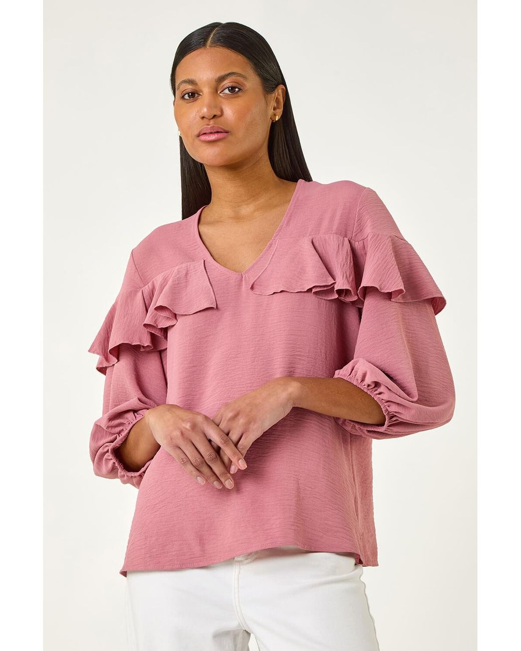 Roman Pink Frill Front Woven Top