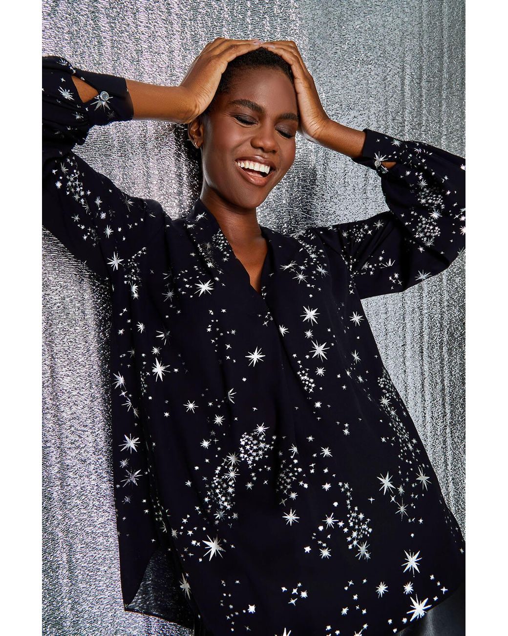 Roman Blue Metallic Star Print V-Neck Top