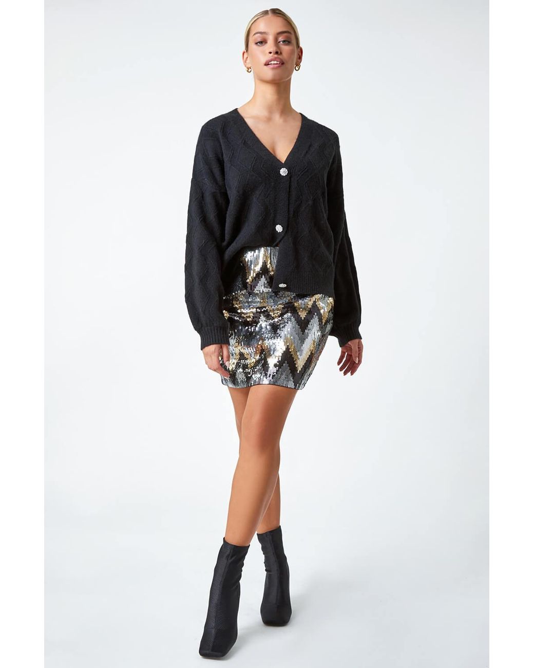 D.u.s.k Black Zig Zag Sequin Elastic Waist Stretch Skirt