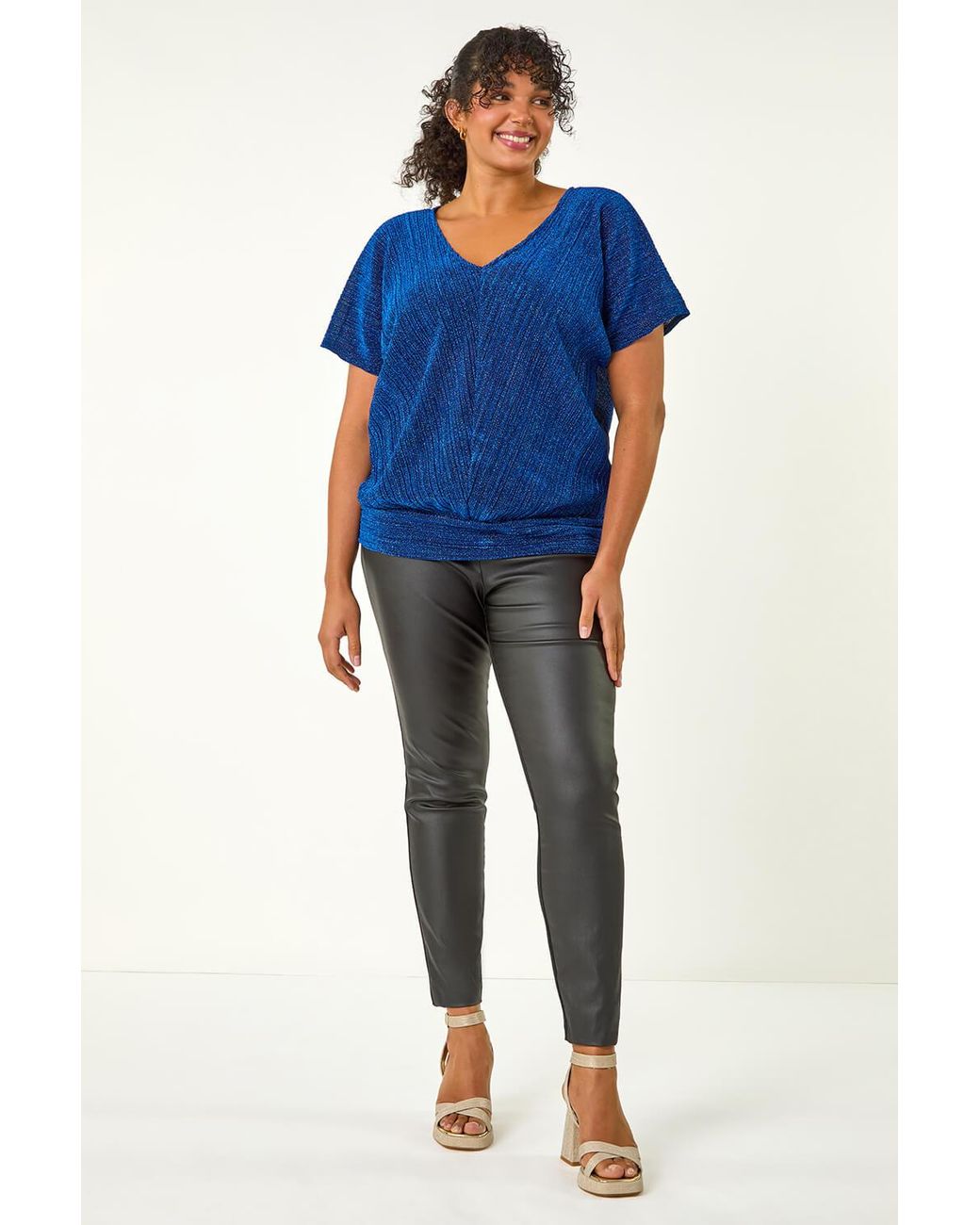 Roman Curve Blue Metallic Plisse Banded Top