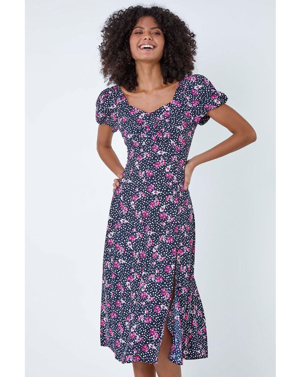 D.u.s.k White Floral Polka Dot Puff Sleeve Midi Dress