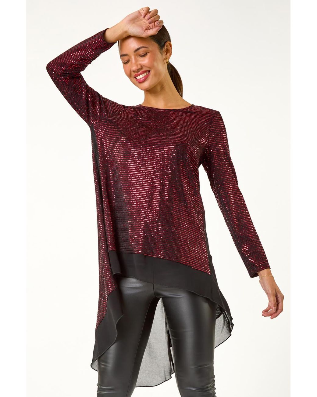 Roman Red Chiffon Hem Sequin Stretch Tunic Top