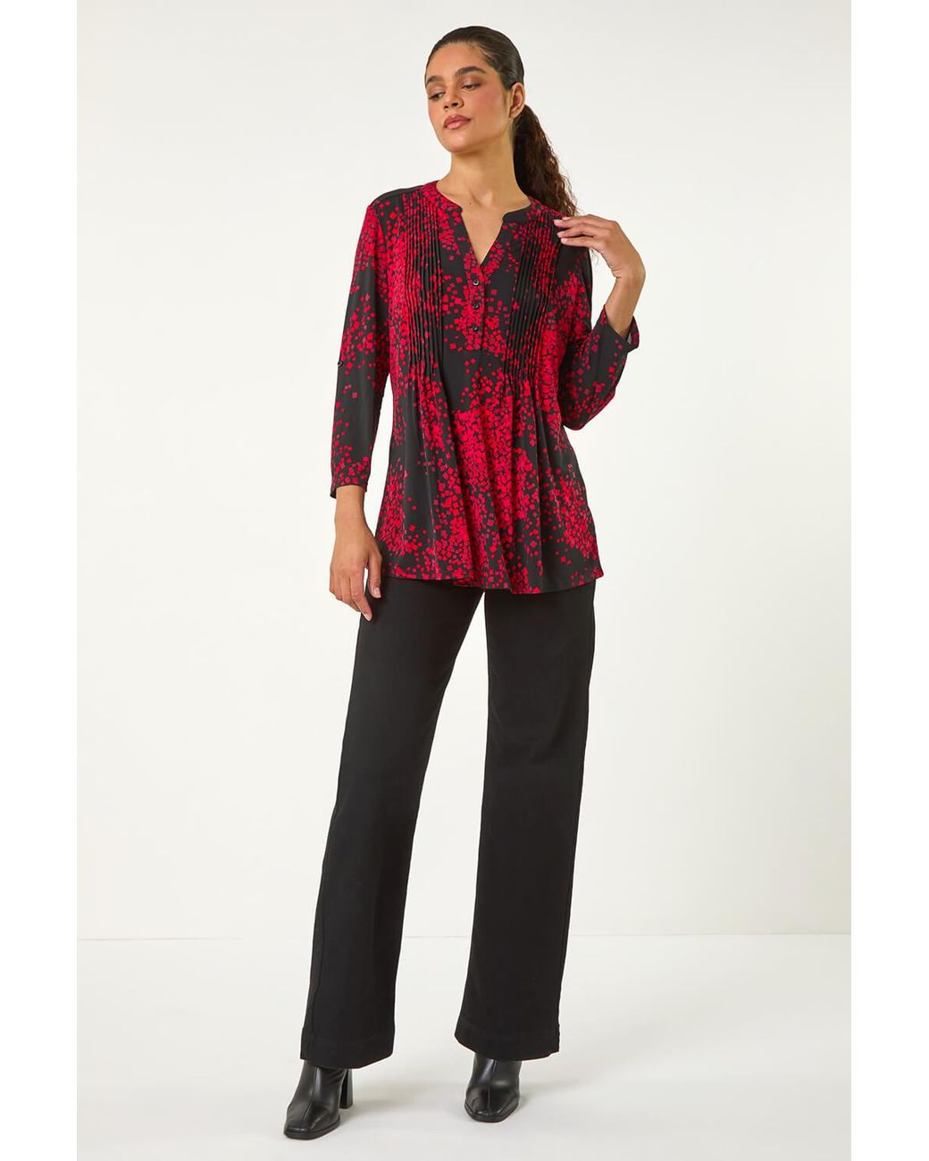 Roman Red Abstract Print Pintuck Shirt