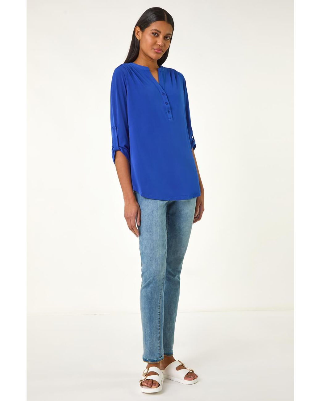 Roman Blue V-Neck Button Detail Stretch Shirt
