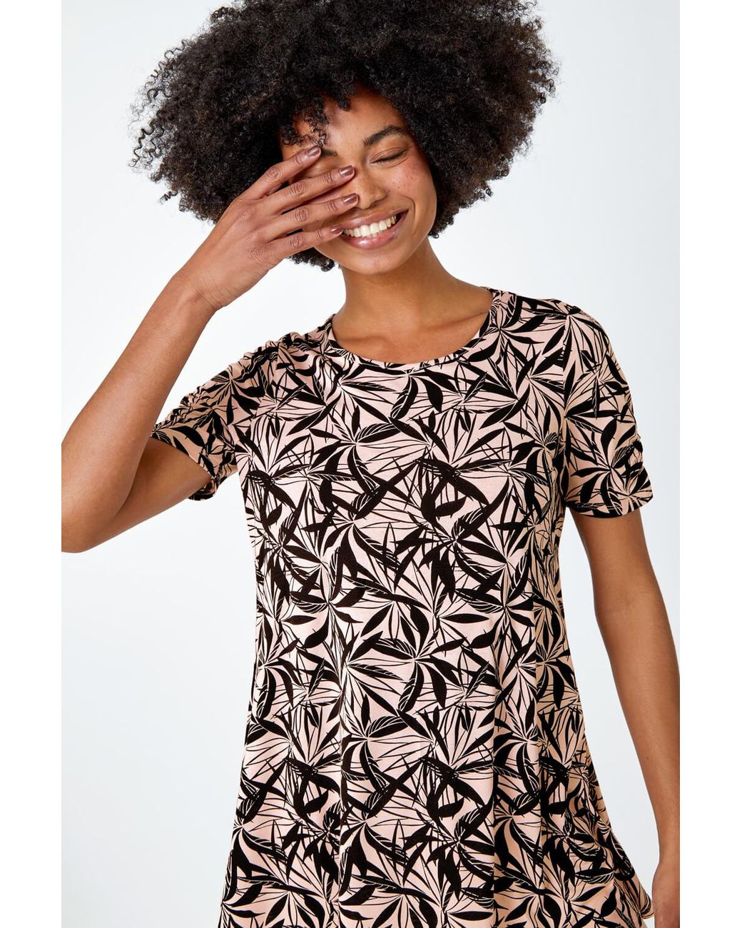 Roman Black Leaf Print Hanky Hem Tunic Top