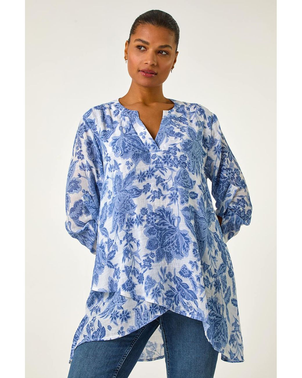 Roman Blue Floral Print Wrap Hem Tunic Top