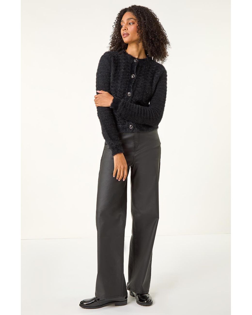 Roman Black Fluffy Knit Button Cardigan
