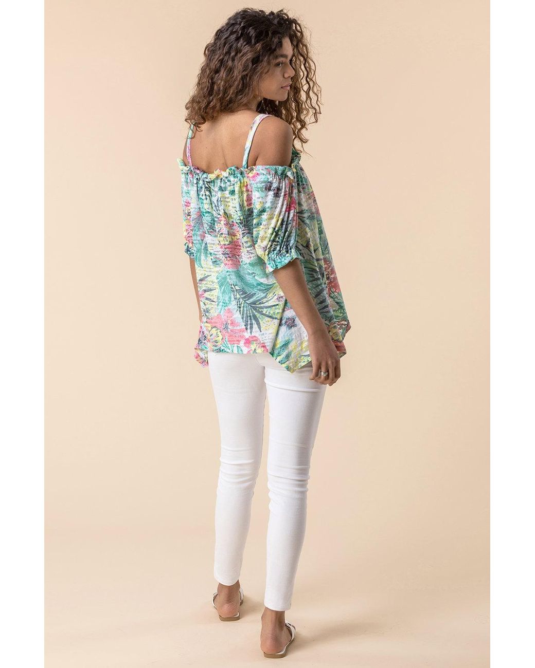 Roman Blue Burnout Tropical Print Cold Shoulder Top