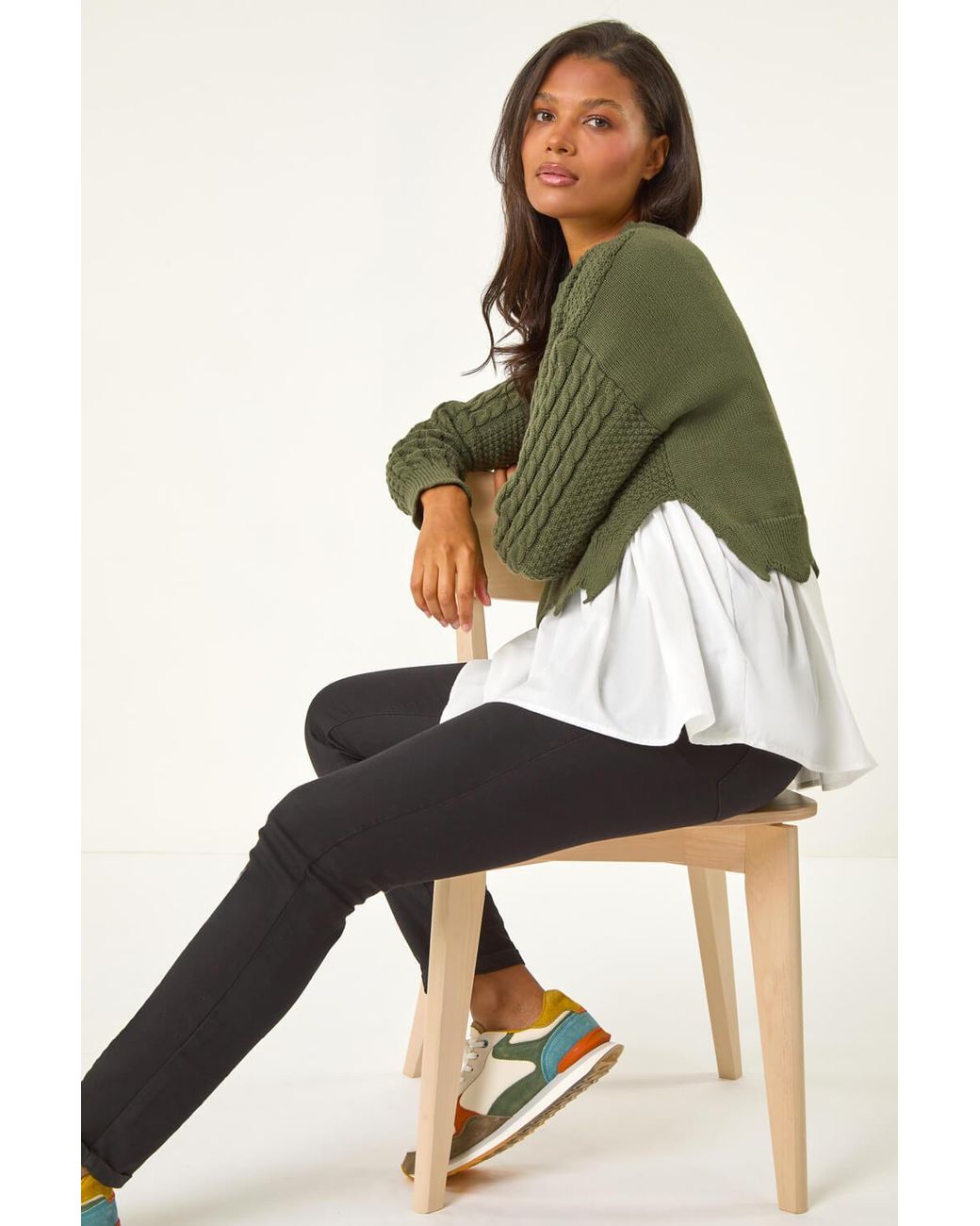 Roman Green Contrast Cable-Knit Jumper