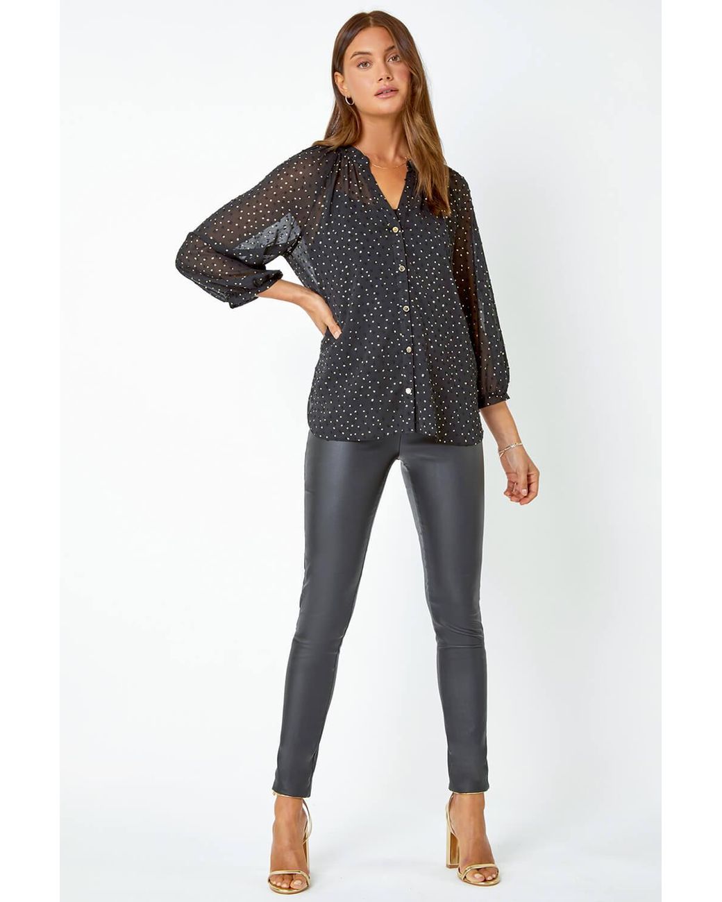 Roman Black Metallic Spot Print Chiffon Blouse