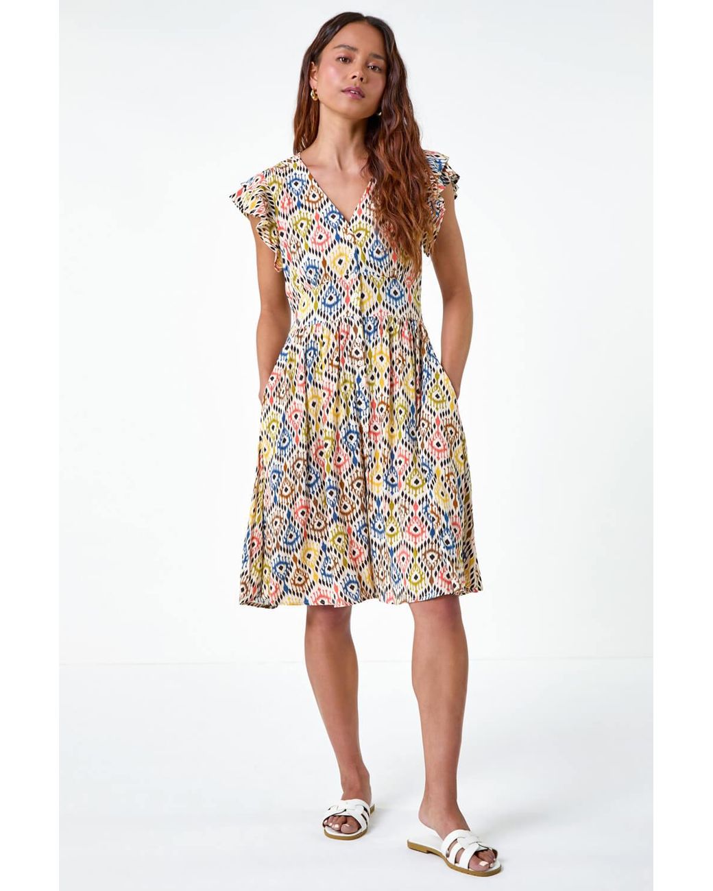Roman Petite Multicolor Aztec Print Frill Pocket Dress