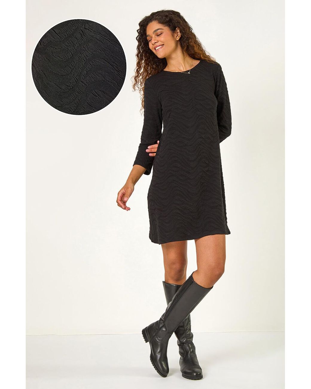 Roman Black Wave Textured Stretch A-Line Dress