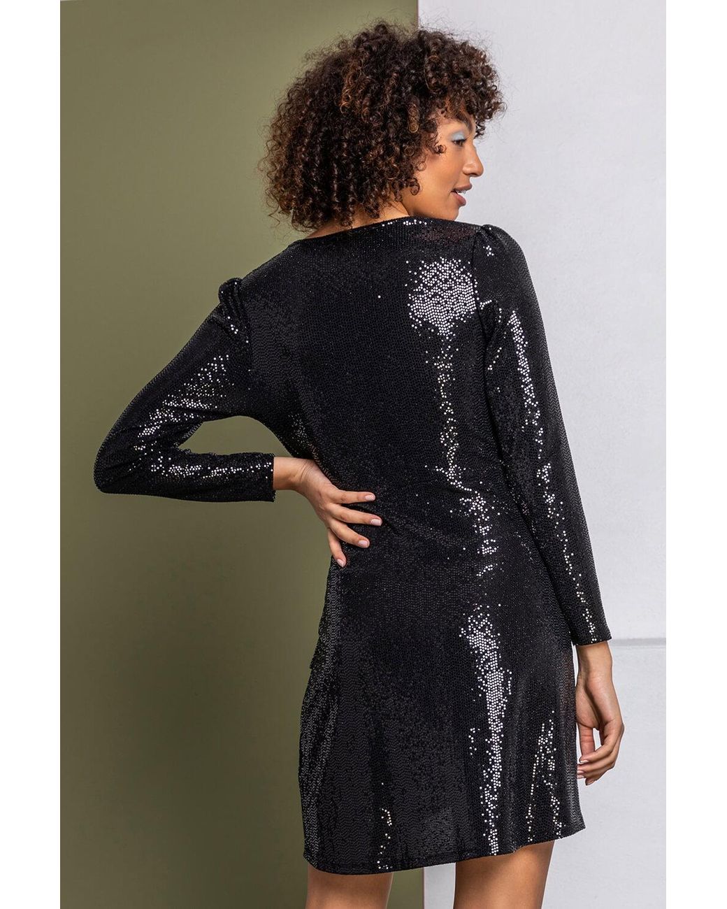 D.u.s.k Black Sparkle Embellished Ruched Wrap Dress