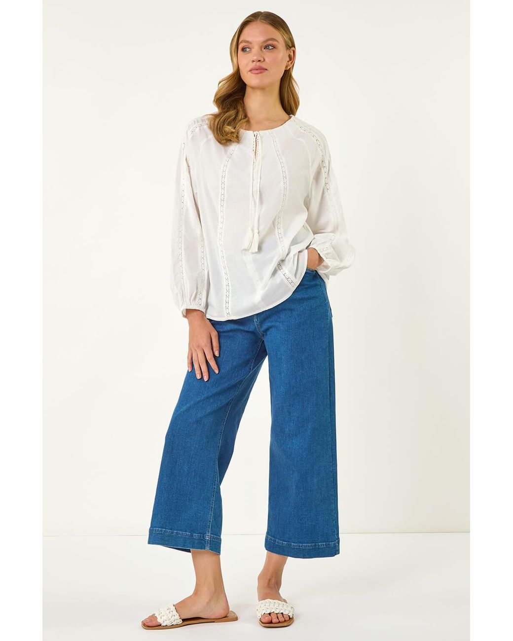 Roman White Lace Trim Tie V-Neck Top