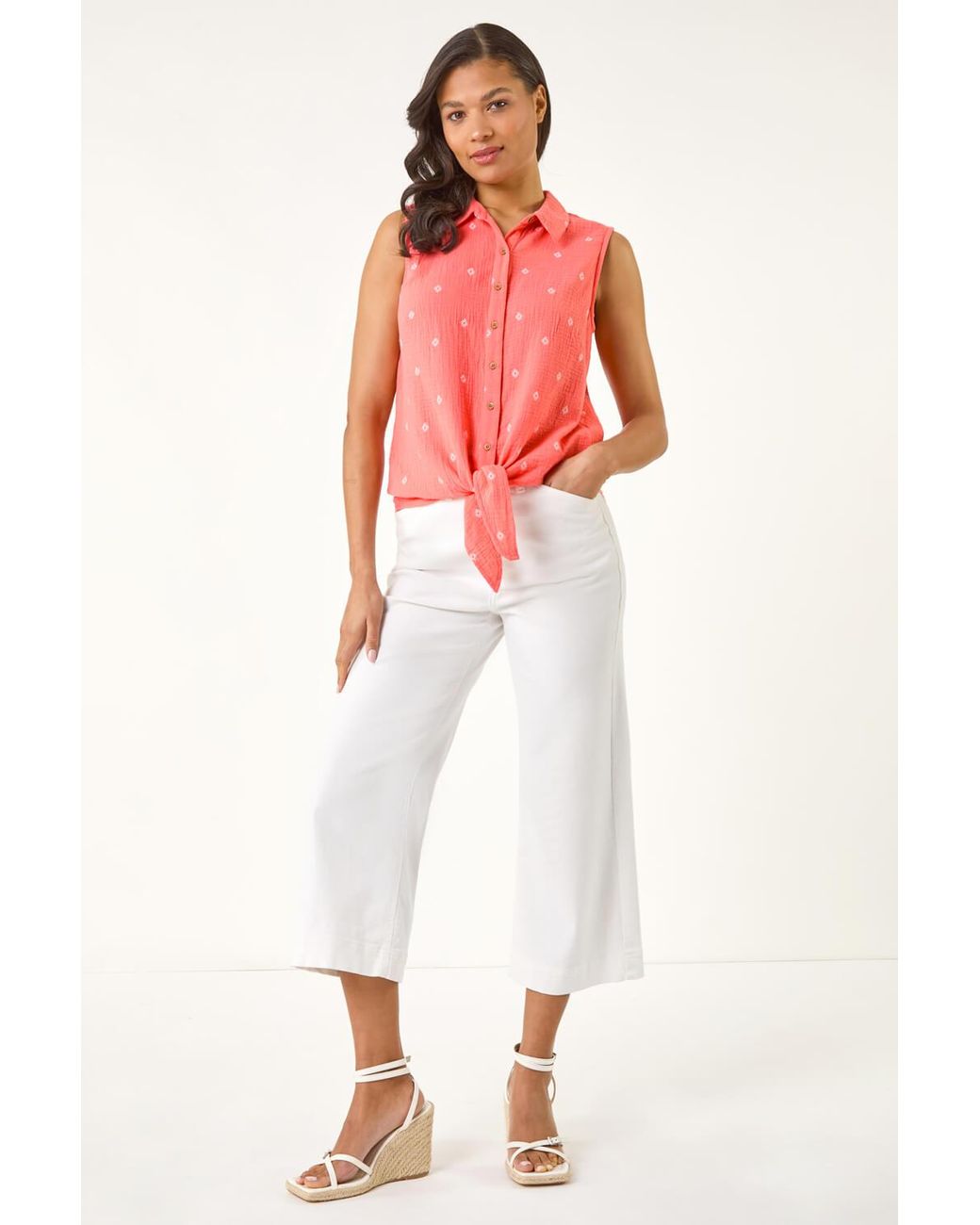 Roman Embroidered Tie Front Blouse