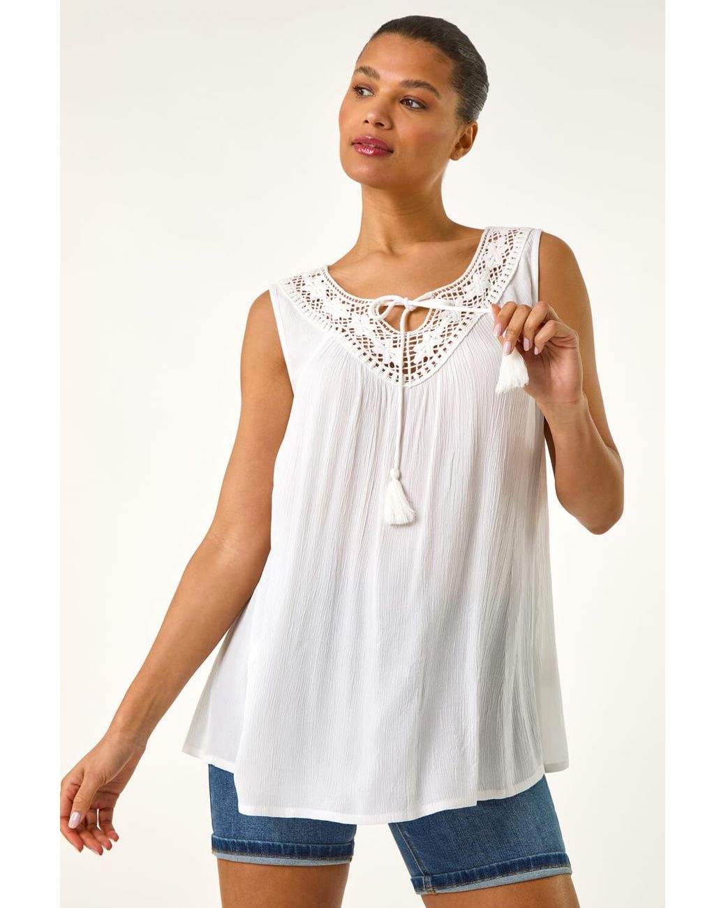 Roman Blue Embroidered Tie Neck Vest Top