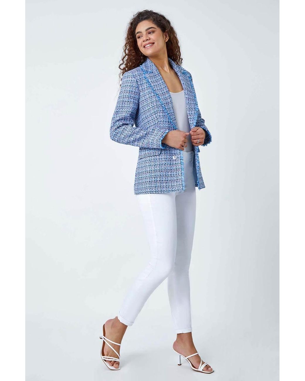 Roman Blue Frayed Edge Boucle Check Jacket