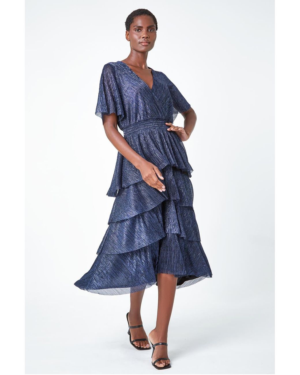 Roman Blue Shimmer Chiffon Tiered Midi Dress