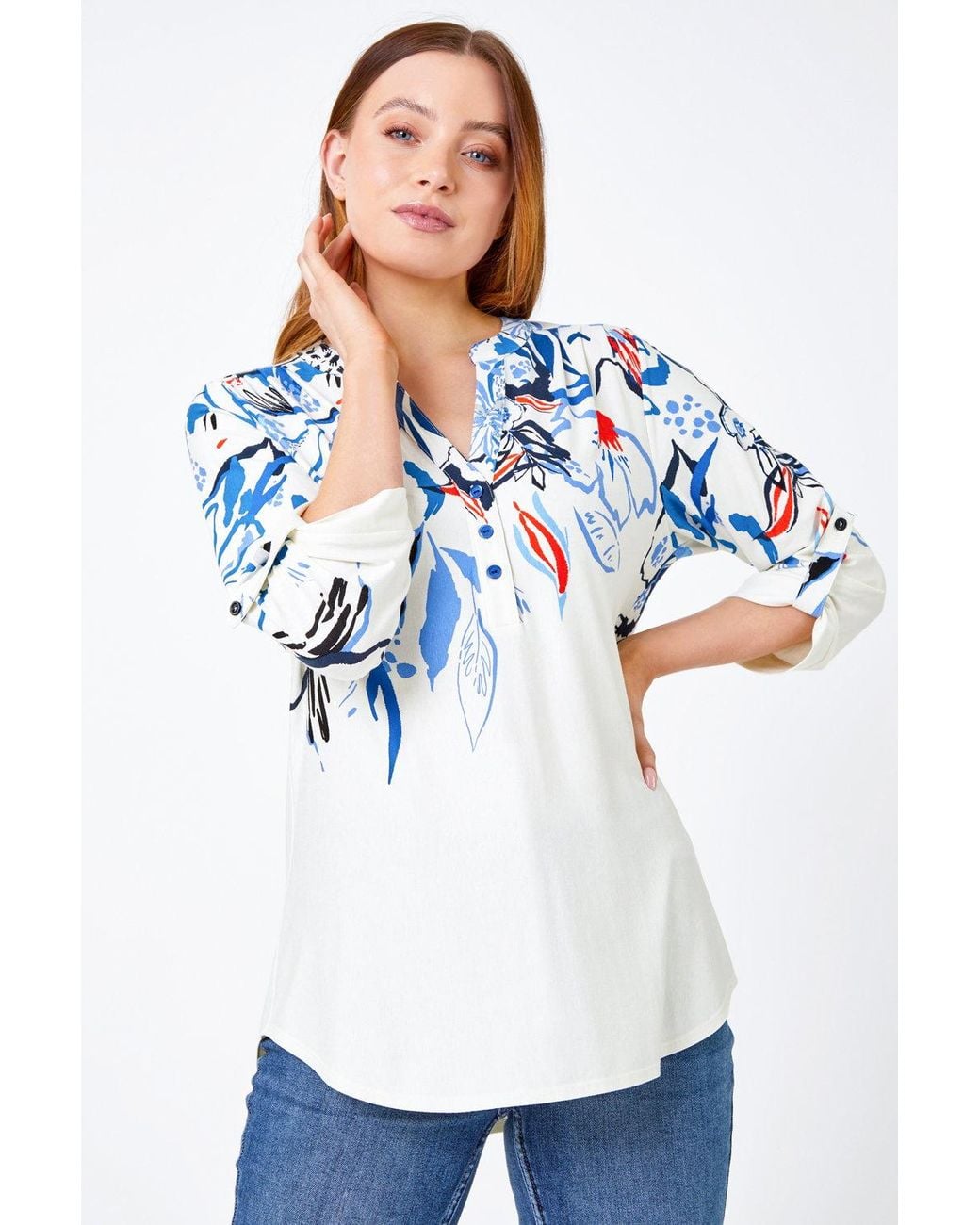 Roman Blue Border Print Button Detail V-Neck Shirt