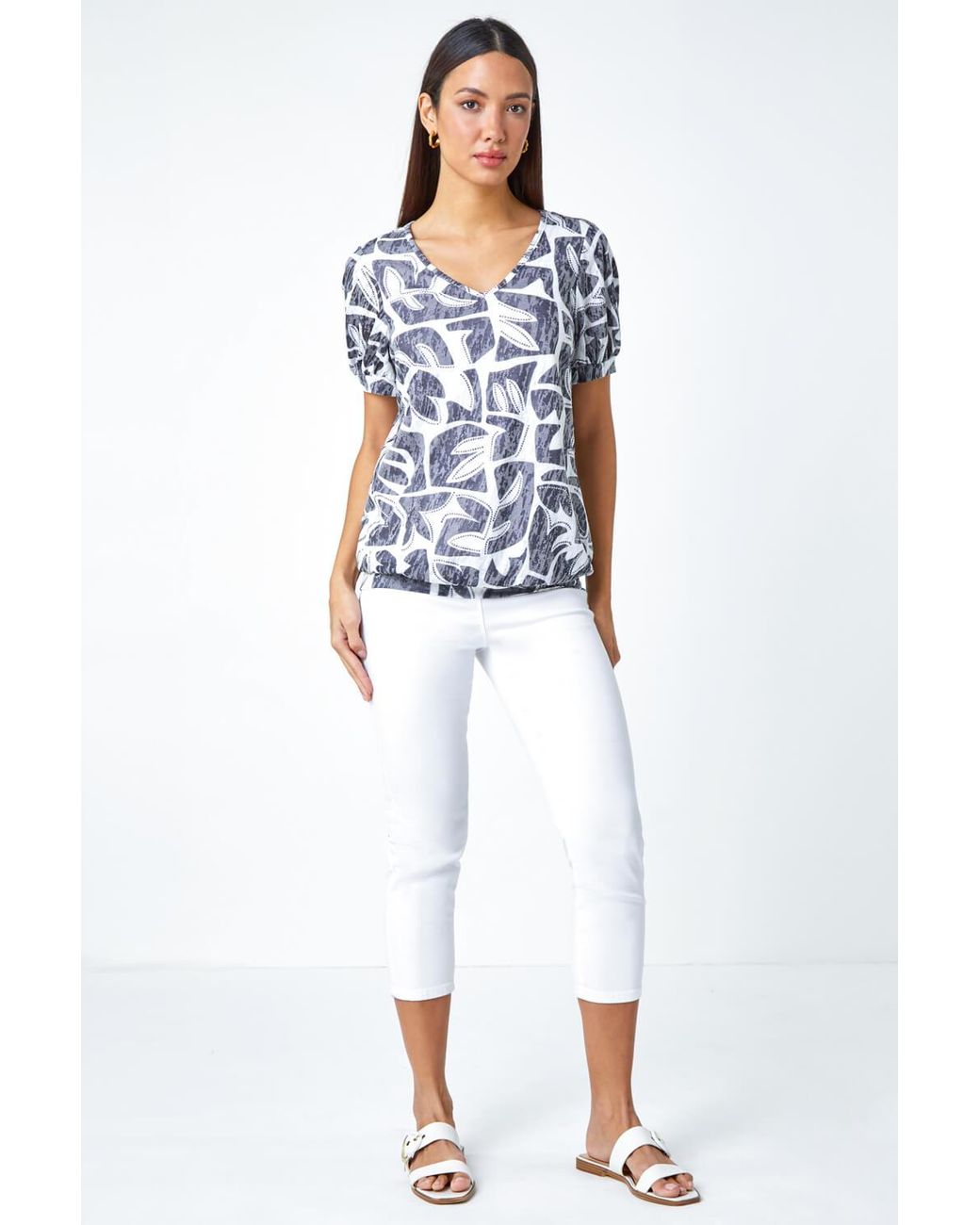Roman White Abstract Burnout V-Neck Blouson Stretch Top