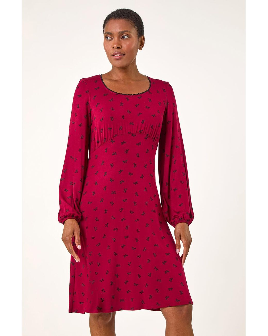 Roman Red Bow Print Lace Detail Stretch Dress