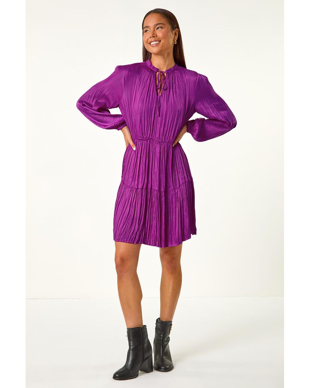 Roman Petite Purple Crushed Pleat Tier Dress