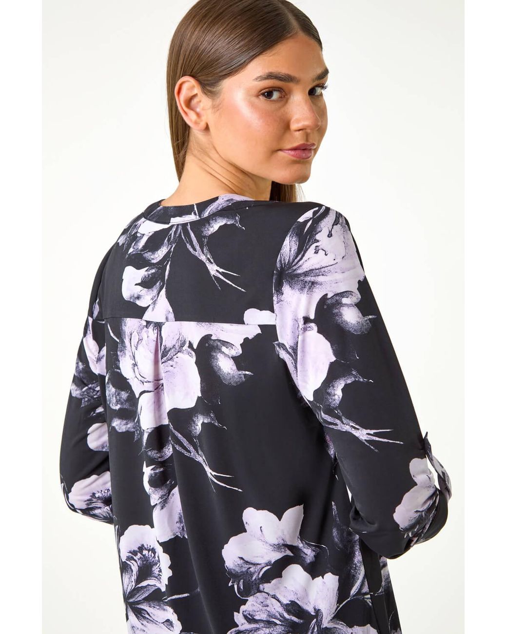 Roman Blue Floral Print Notch Neck Top