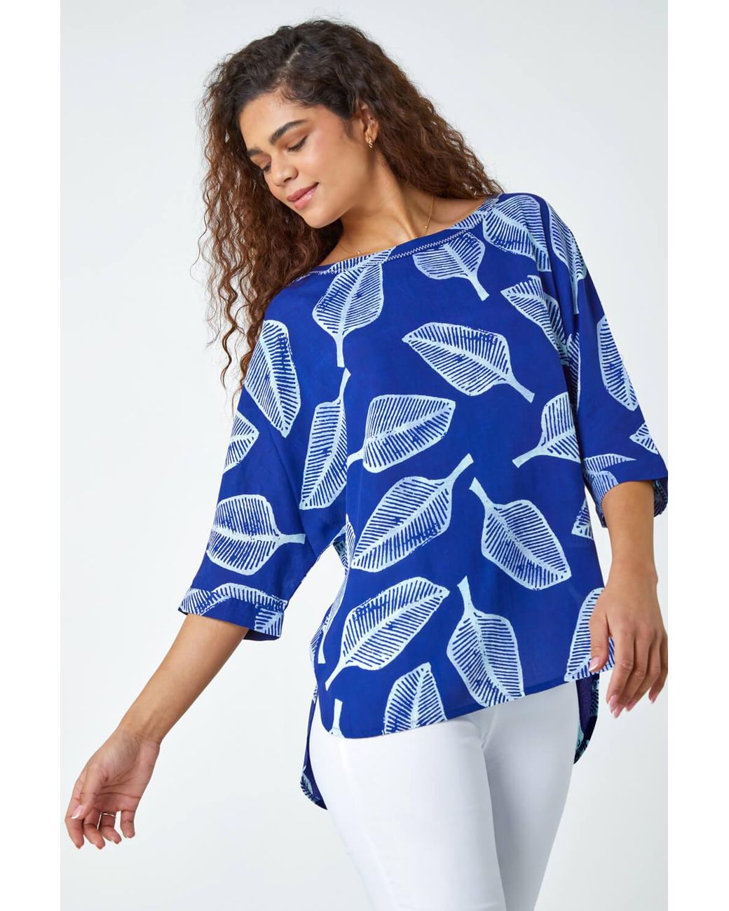 Roman Blue Leaf Print Relaxed Tunic Top