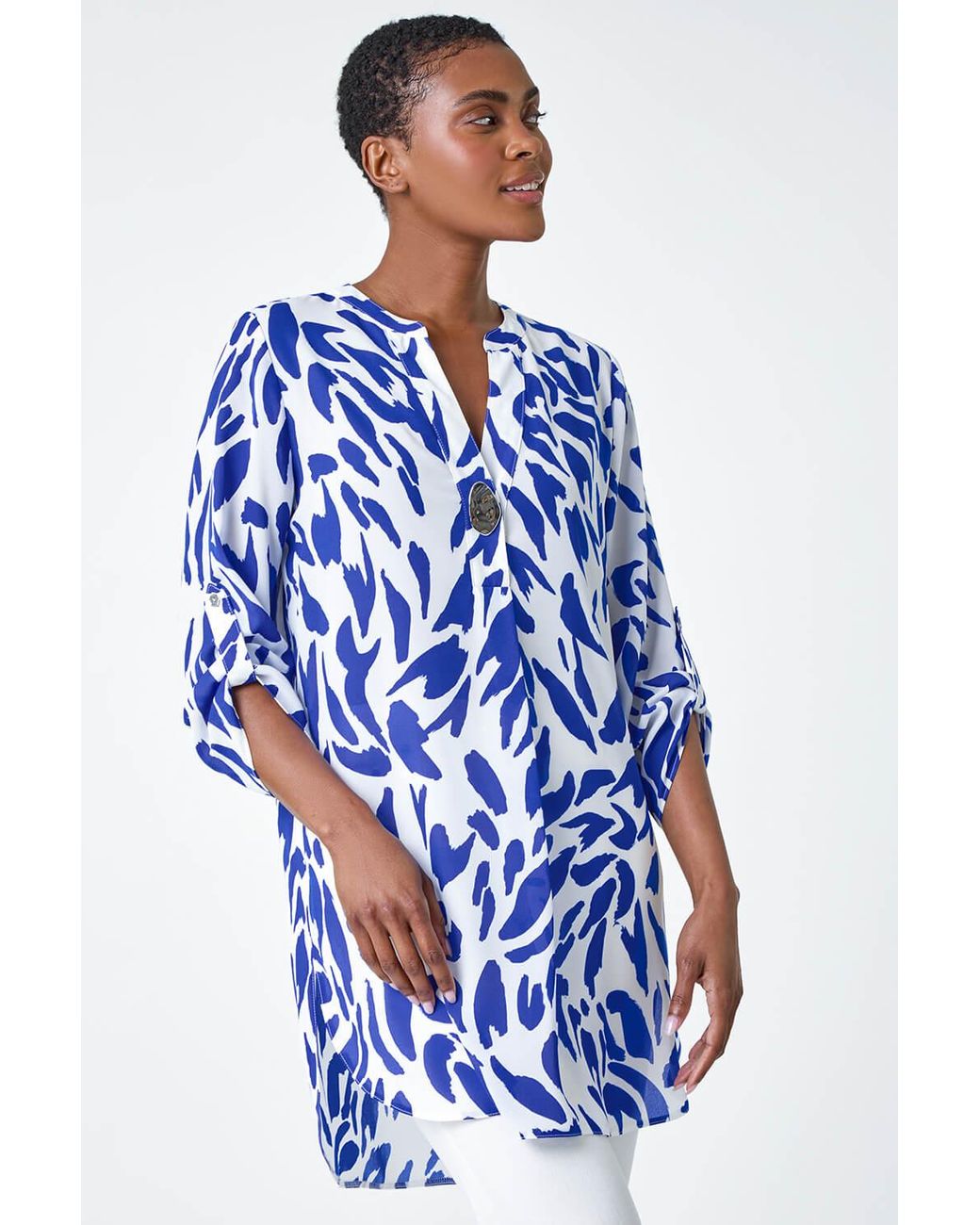 Roman Blue Abstract V-Neck Longline Button Detail Top