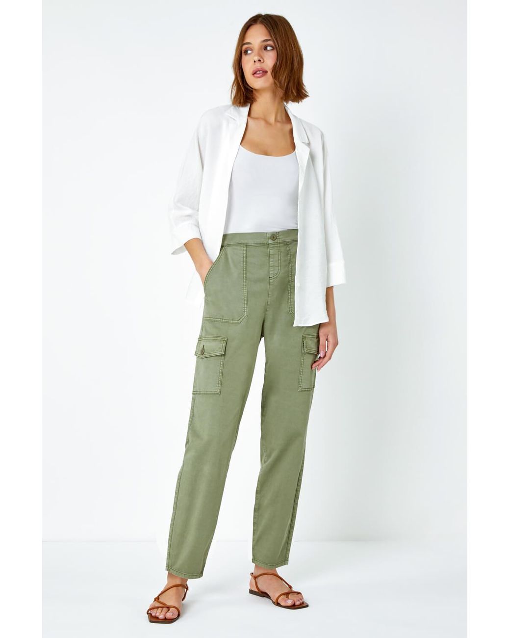 Roman Green Casual Elastic Waist Cargo Stretch Trousers