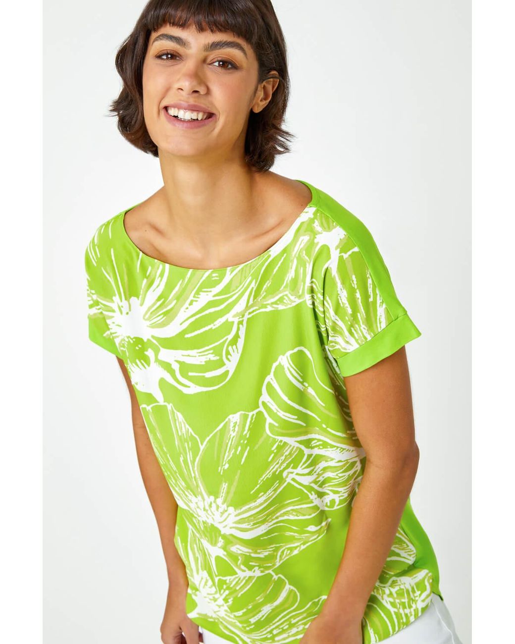 Roman Green Linear Floral Print Stretch T-Shirt