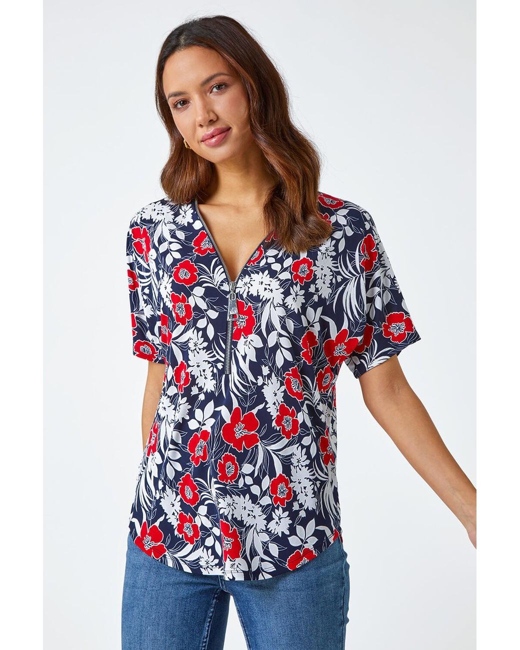 Roman Blue Textured Floral Print Zip Top