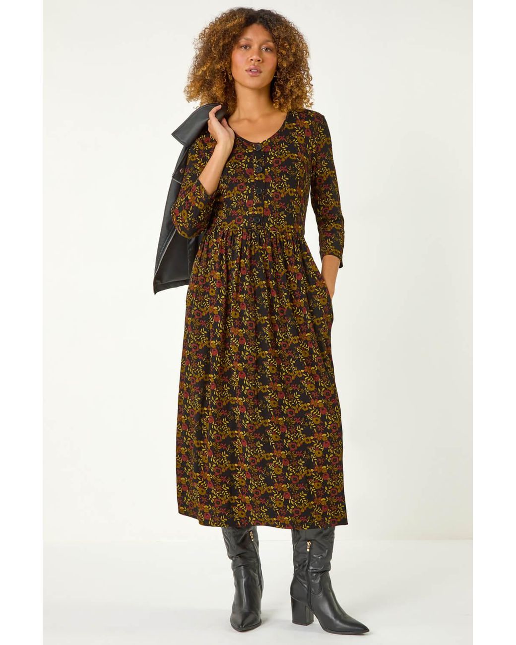 Roman Yellow Floral Print Button Detail Midi Dress