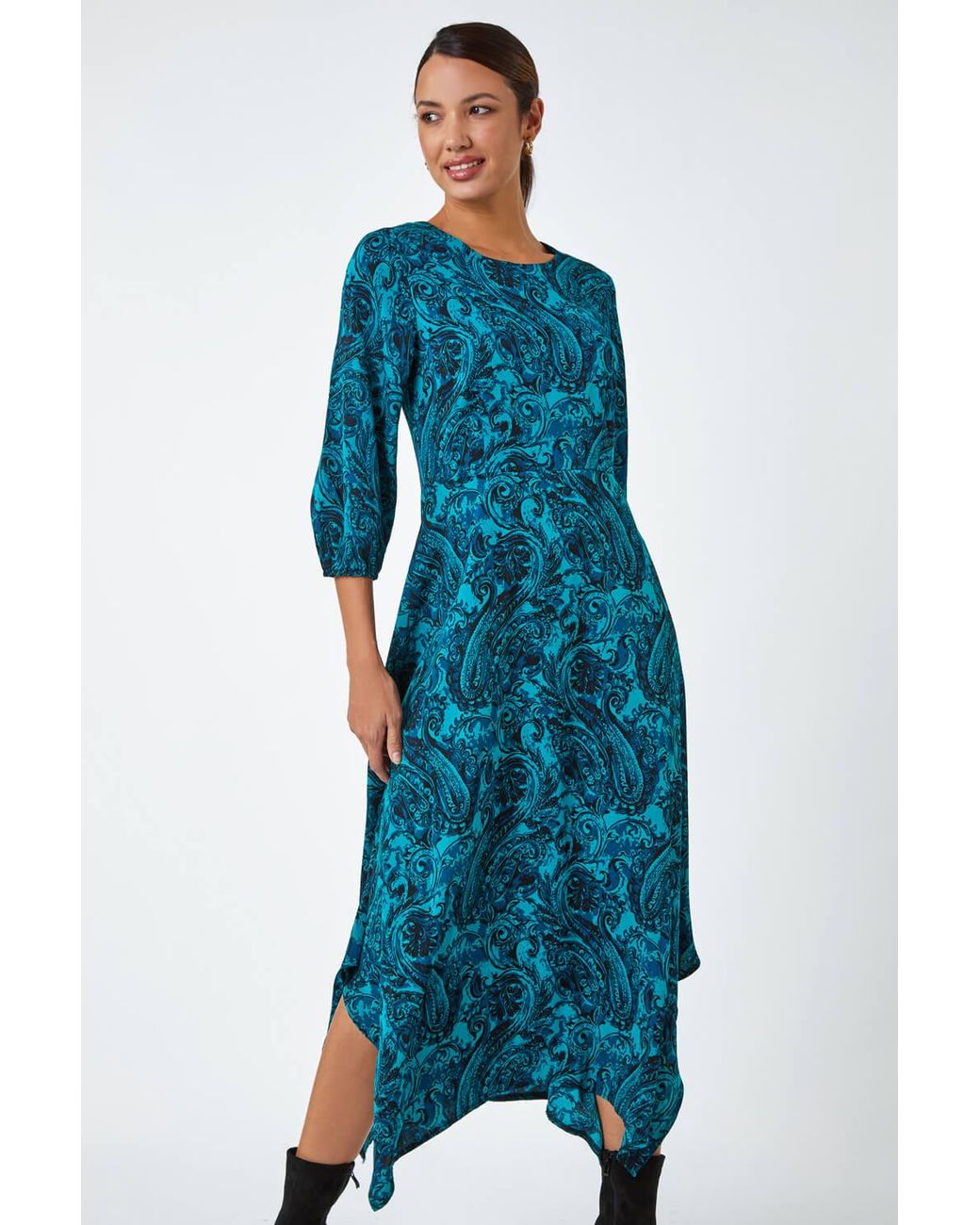 Roman Blue Paisley Print Hanky Hem Midi Dress