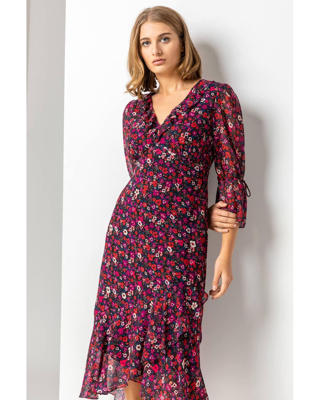 Roman Red Ditsy Floral Chiffon Frill Midi Dress