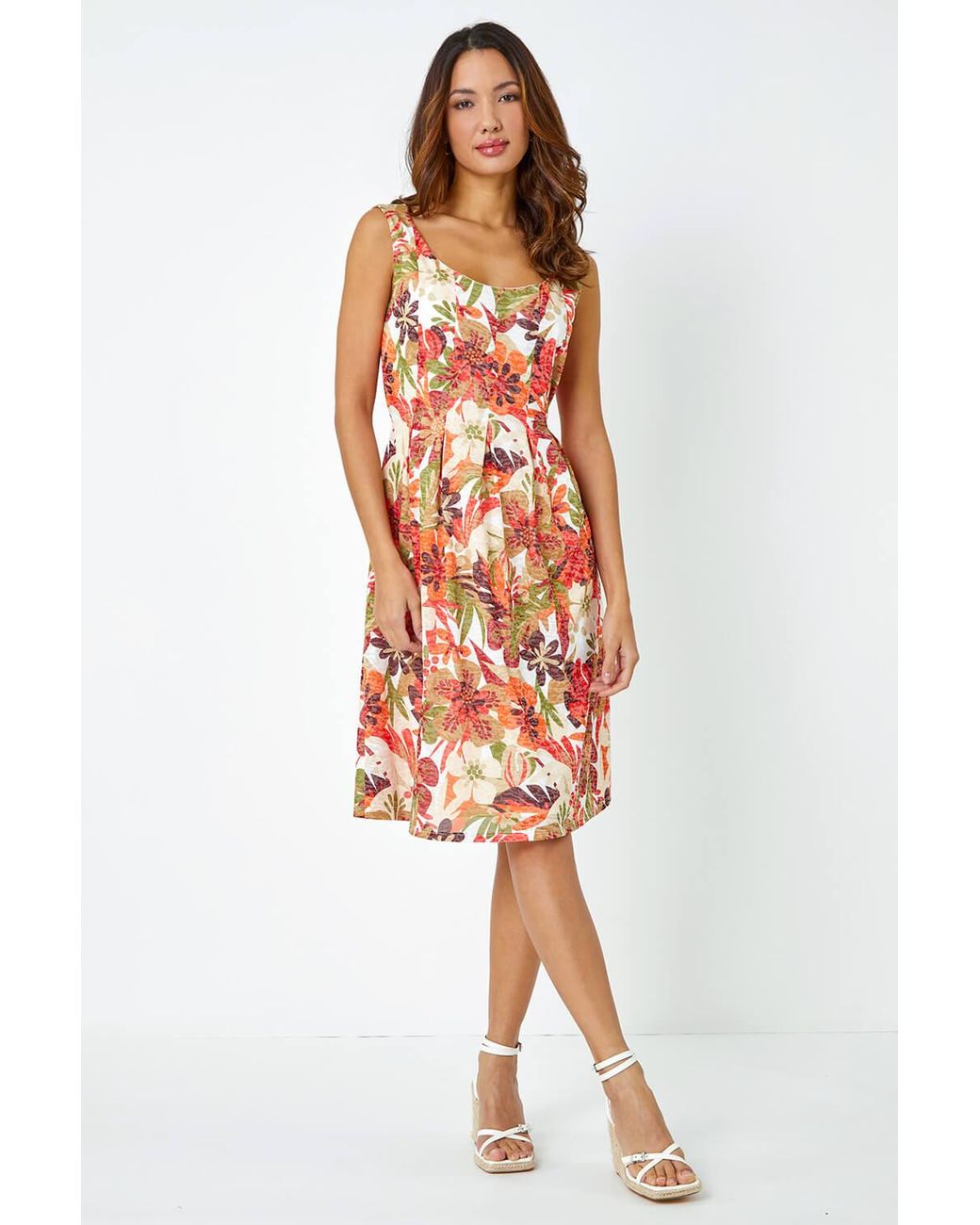 Roman Red Sleeveless Tropical Pleated Stretch Dress