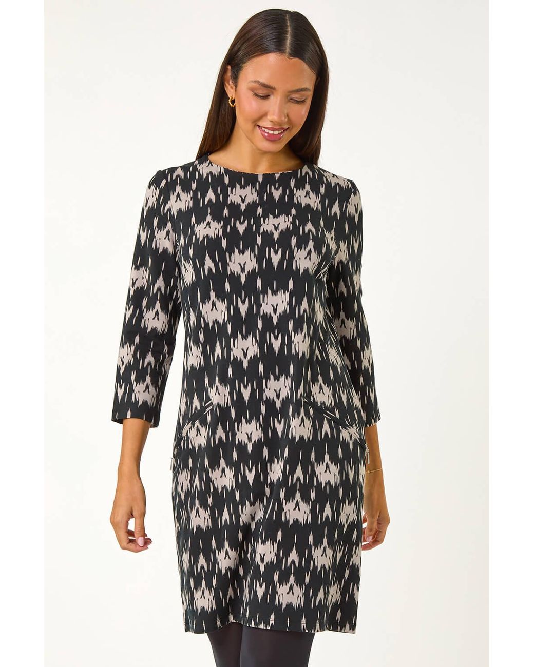 Roman Black Abstract Zip Trim Stretch Shift Dress