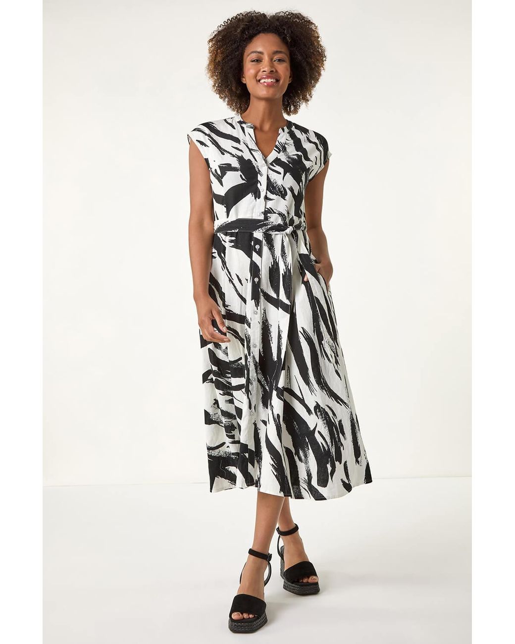 Roman White Brushstroke Linen Mix Midi Dress