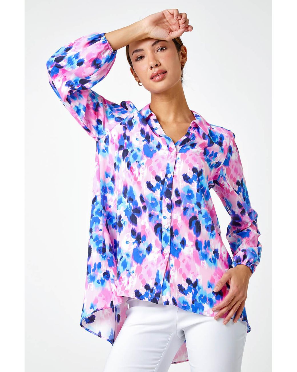 Roman Blue Abstract Print Dropped Hem Blouse