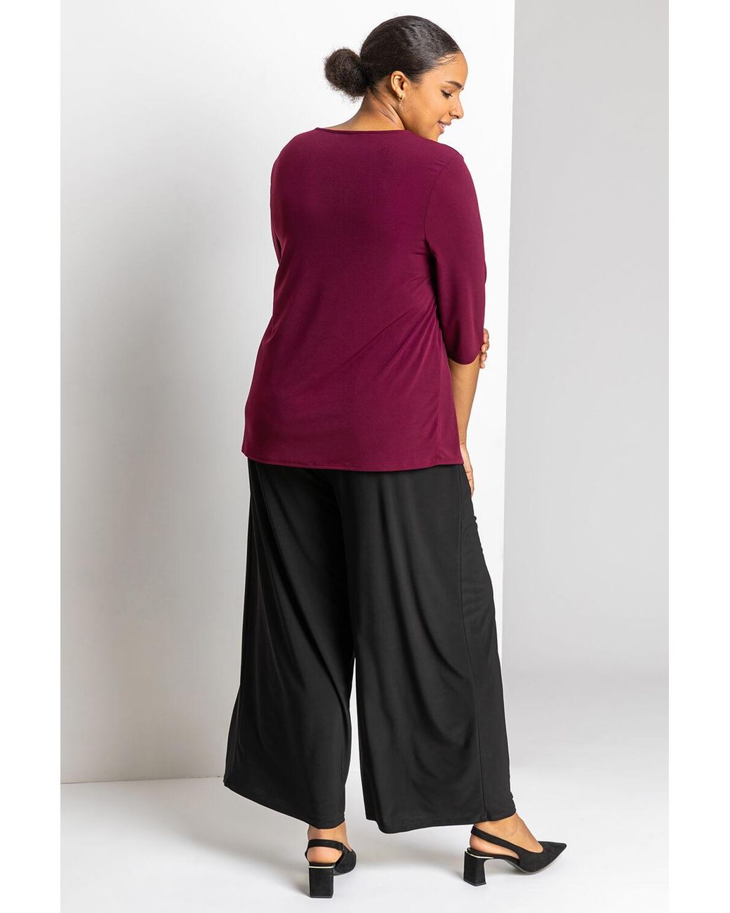 Roman Curve Red V Neck Pleat Front Top