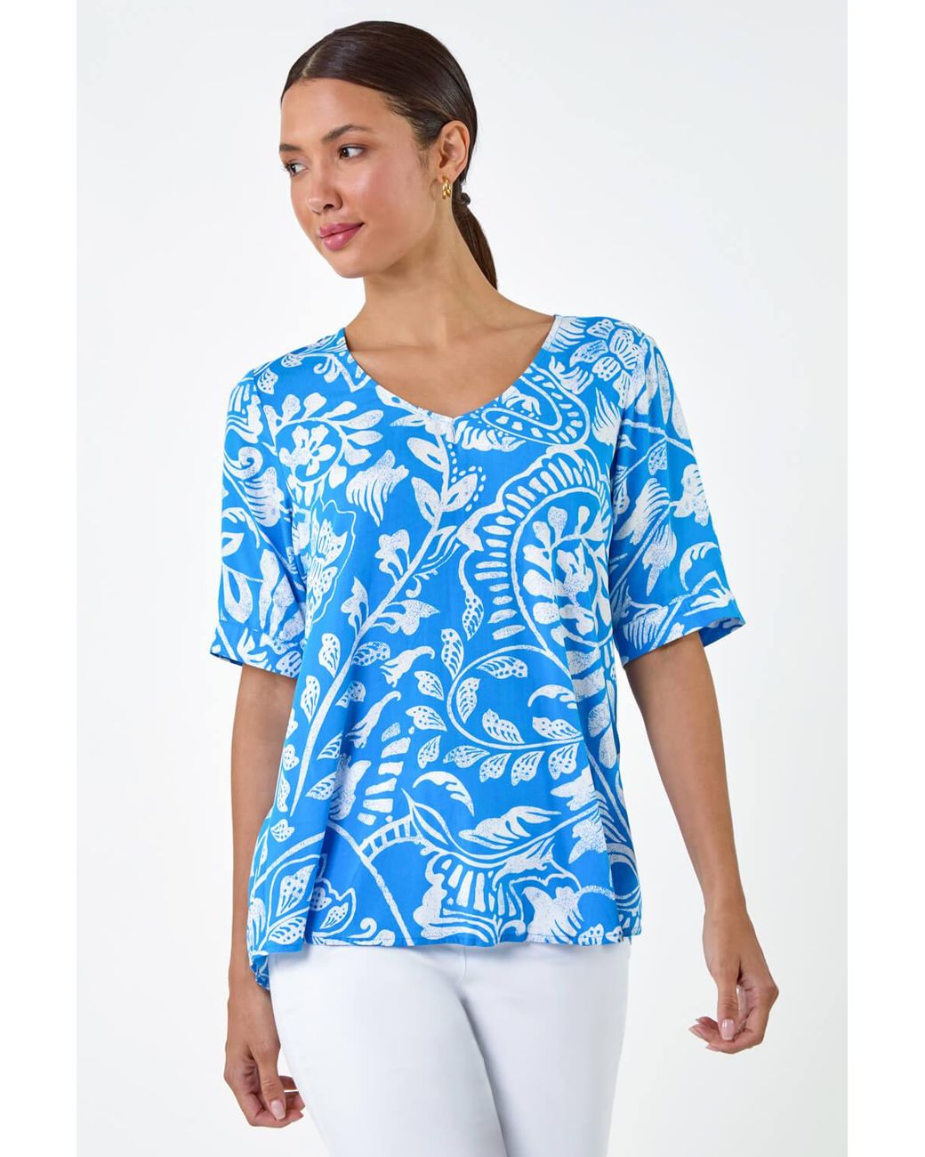 Roman Blue Abstract Leaf Print Button Back Top