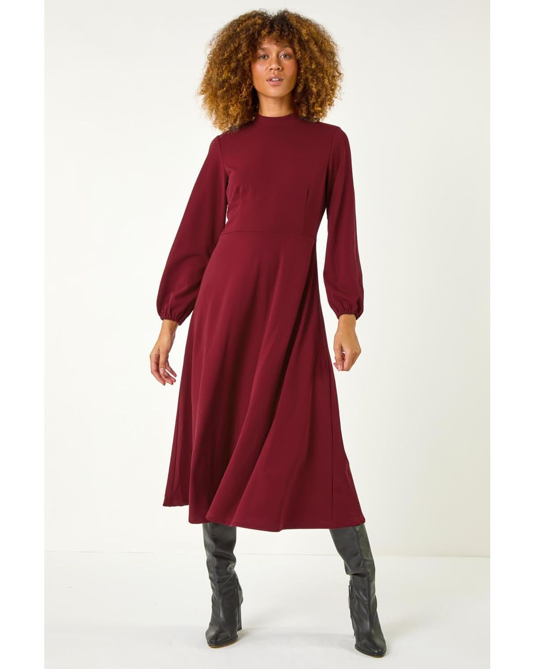 Roman Red High Neck Fit & Flare Stretch Dress
