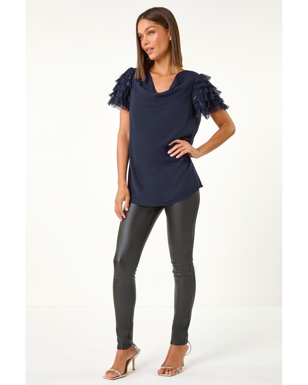 Roman Blue Cowl Neck Shoulder Sequin Frill Top