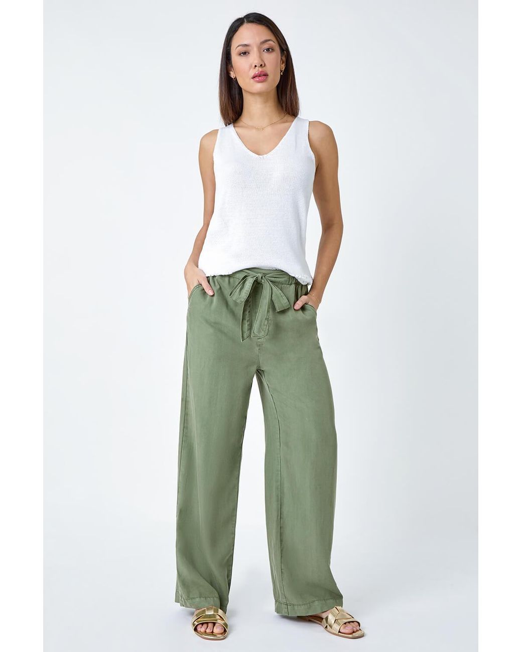Roman Green Tie Waist Wide Leg Trousers