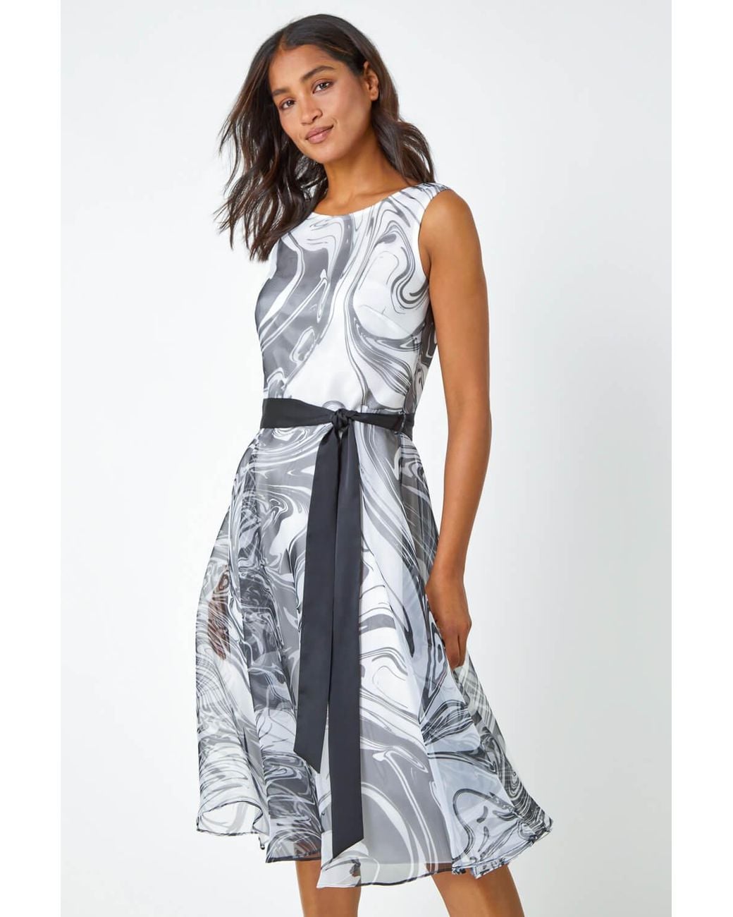 Roman White Sleeveless Marble Print Dress