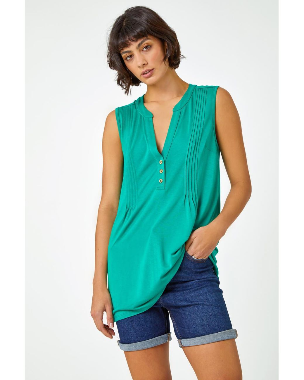 Roman Blue Sleeveless V-Neck Button Detail Vest