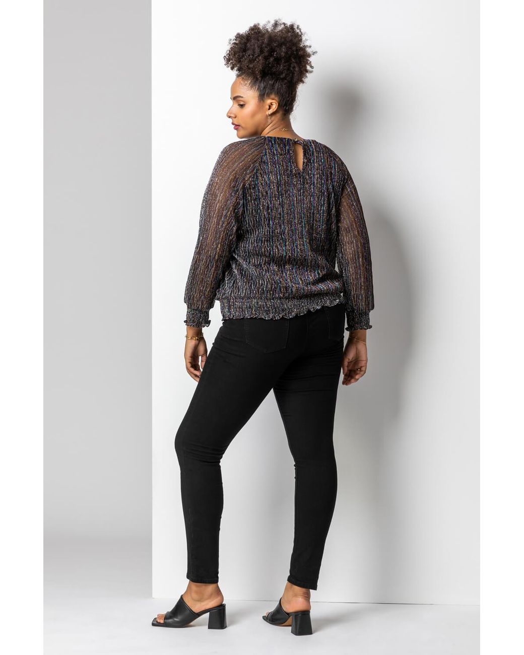 Roman Curve Multicolor Foil Shimmer Plisse Top