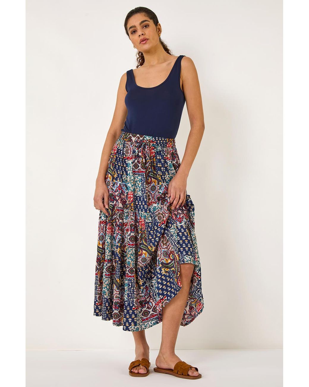 Roman Blue Patchwork Tiered Skirt